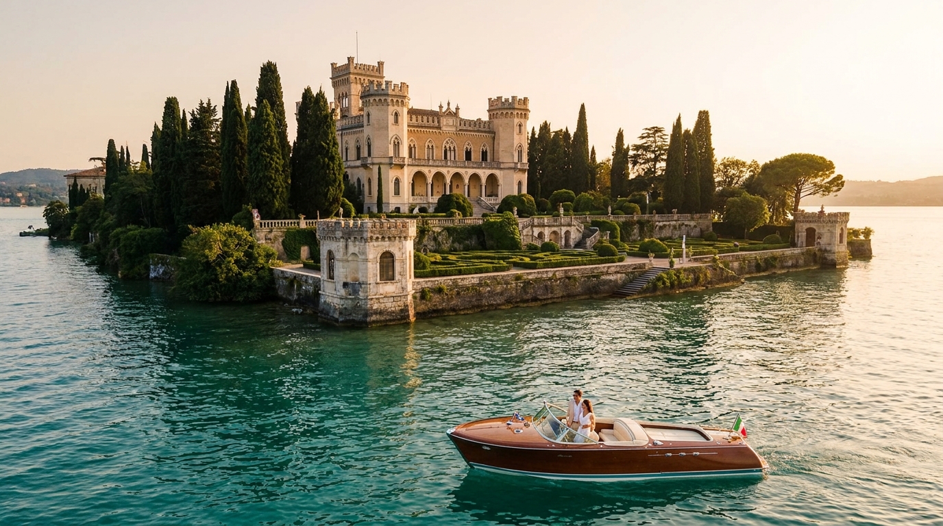 Venetian neo-Gothic Borghese-Cavazza palazzo on Isola del Garda with cypresses