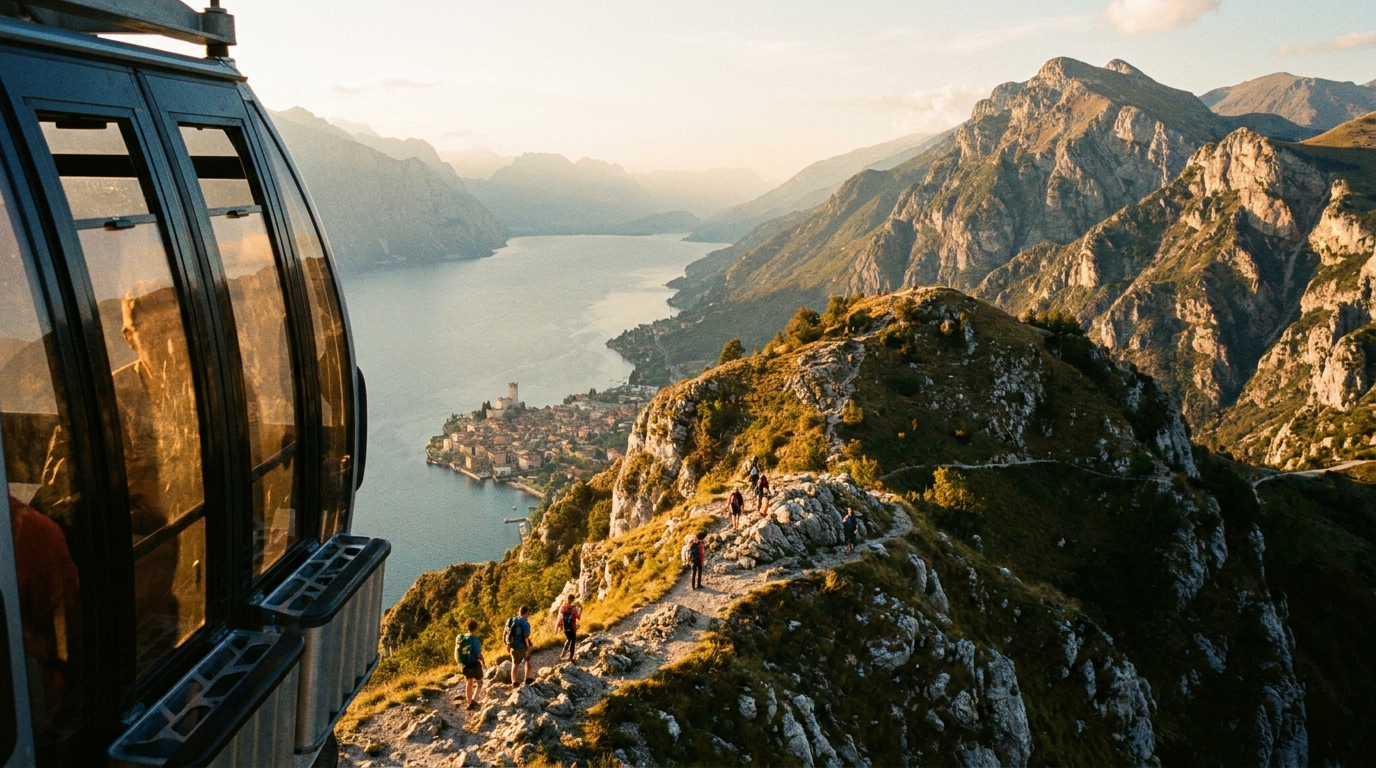 Rotating cabin of the Monte Baldo cable car against the Alpine panorama above Lake Garda