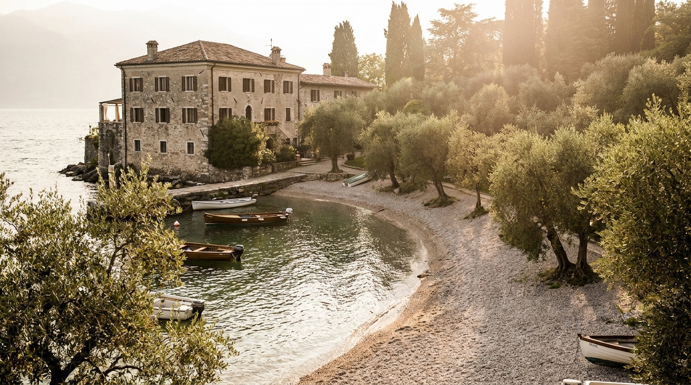 Locanda San Vigilio with its small harbour and lakeside olive trees at Punta San Vigilio