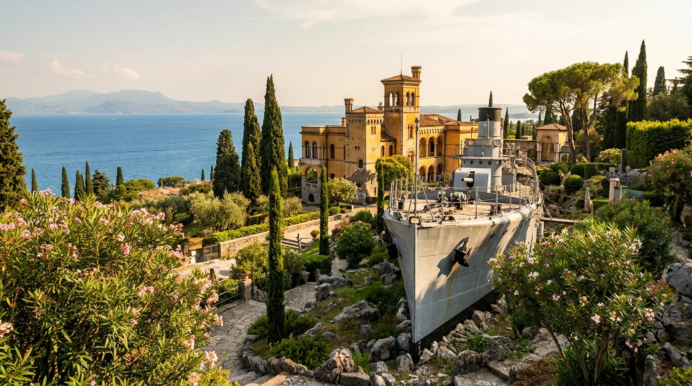 Bow of the warship Puglia embedded in the gardens of Il Vittoriale above Gardone Riviera
