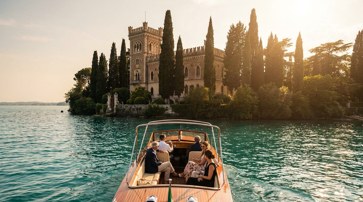 Cavazza-Borghese neogothic palazzo on Isola del Garda seen from an arriving tour boat
