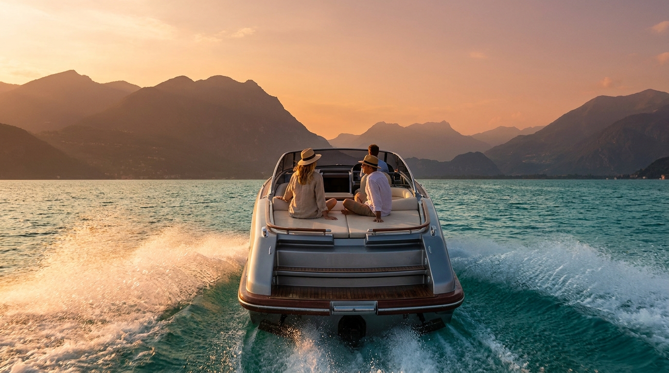 Private speedboat at speed on Lake Garda with the Sirmione peninsula in the background