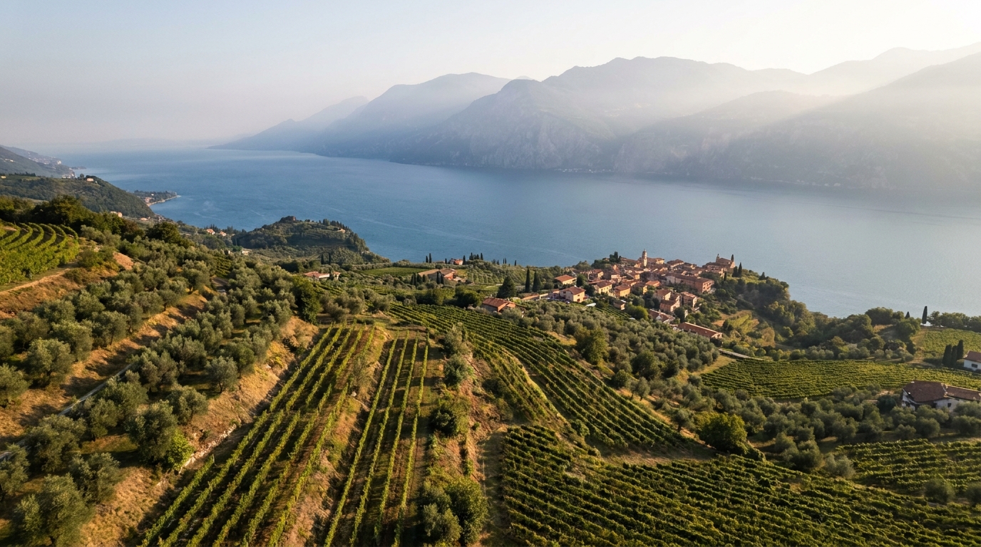 View over Lake Garda from Verona's surrounding hills with vineyards in the foreground
