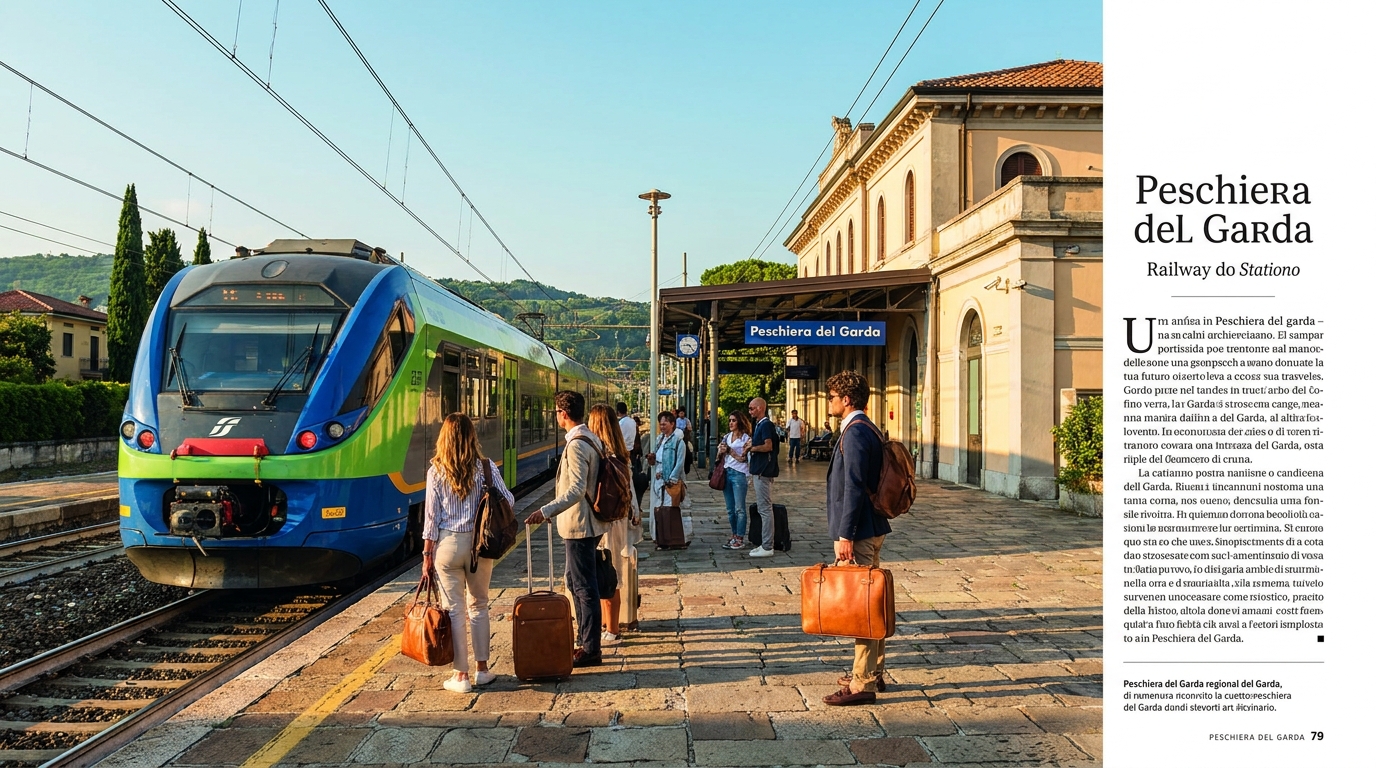 Regional train at Peschiera del Garda station with platform sign