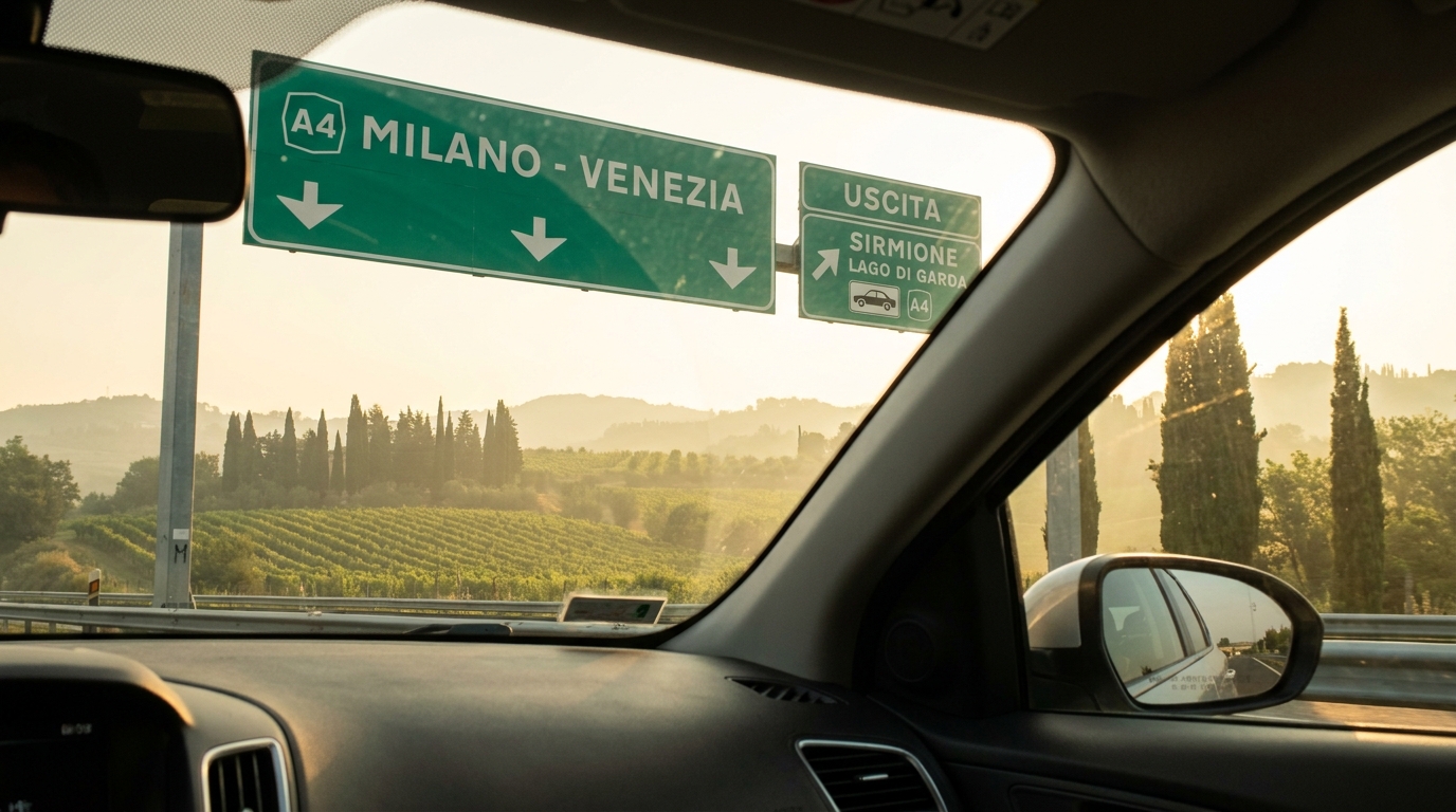 Coastal road from Verona toward Sirmione with vineyards and Lake Garda in the distance