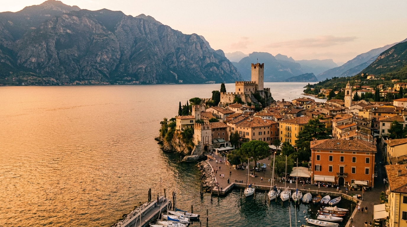 Castello Scaligero of Malcesine above the lake with Monte Baldo behind