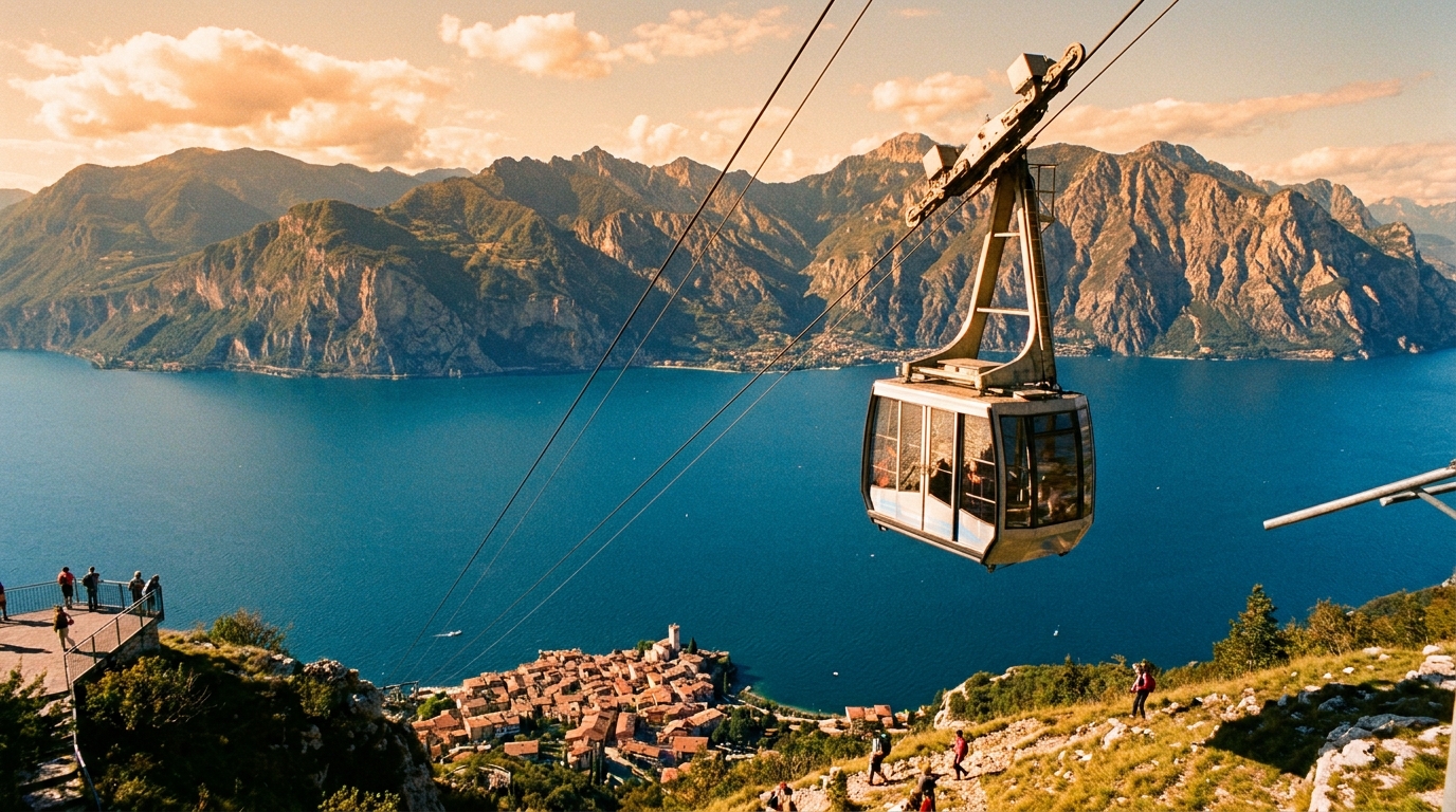 Rotating cabin of the Monte Baldo cable car above Malcesine with alpine view