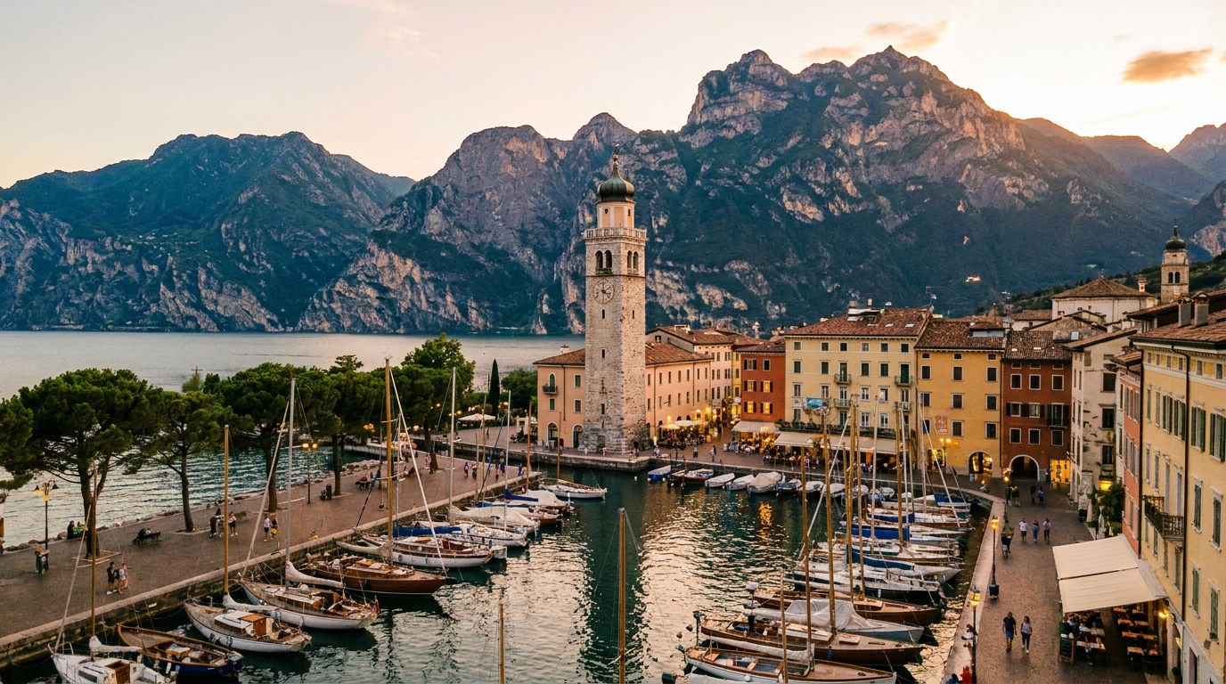 Riva del Garda harbour with Torre Apponale and the medieval old town backed by the Rocchetta cliff