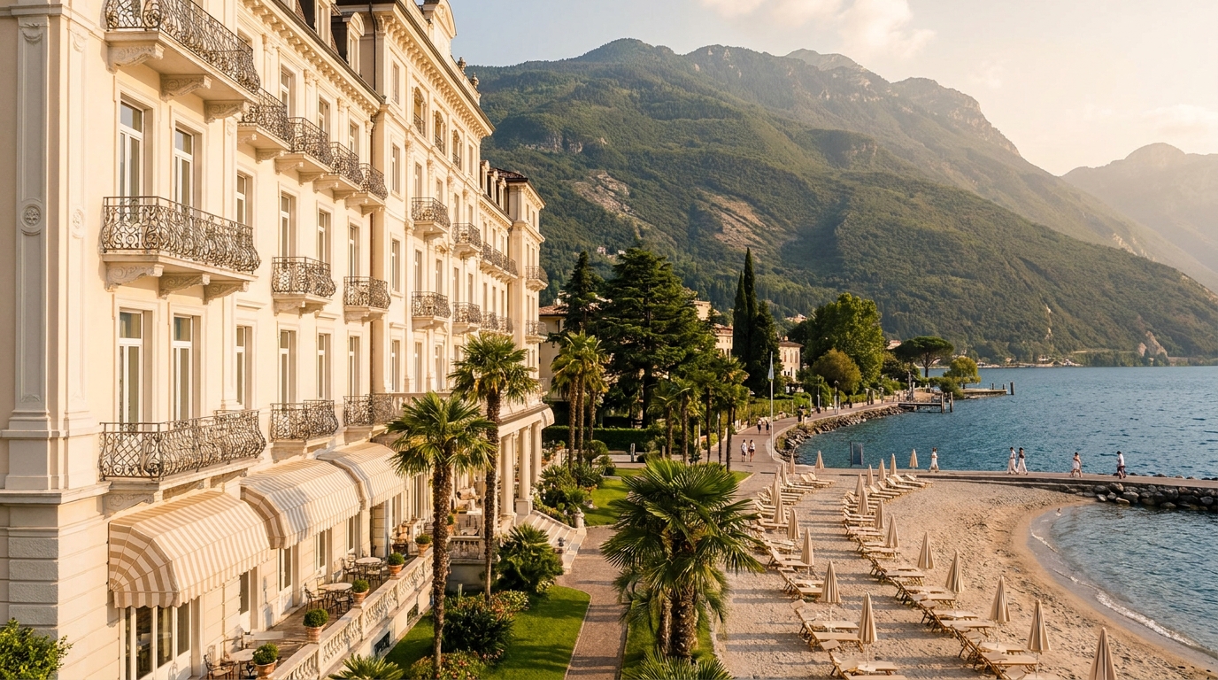 Belle Époque luxury hotel facade in Riva del Garda with lake terrace