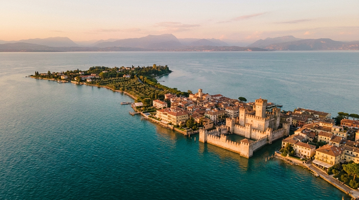 Aerial view of Sirmione peninsula with Scaliger Castle and the Catull Grottoes