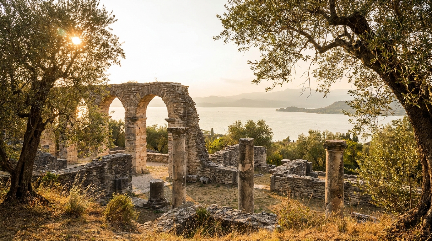 Stone columns of Grotte di Catullo and lake view at the tip of Sirmione peninsula