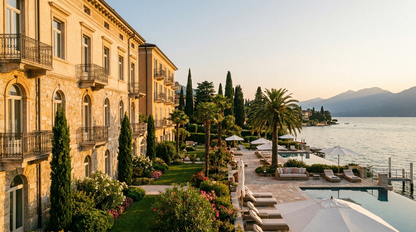 Lake-view hotel terrace and infinity pool in Sirmione at sunset