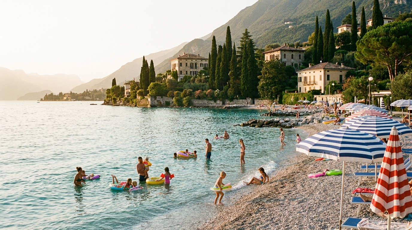 Family paddling at a Lake Garda pebble beach