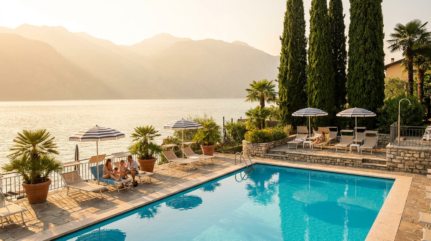 Children playing in a large family pool at a Lake Garda resort with sun loungers and palm trees