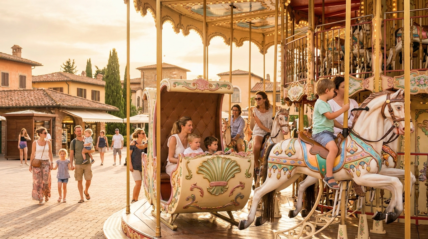 Family on a themed ride at Gardaland with the iconic dragon mascot in the background
