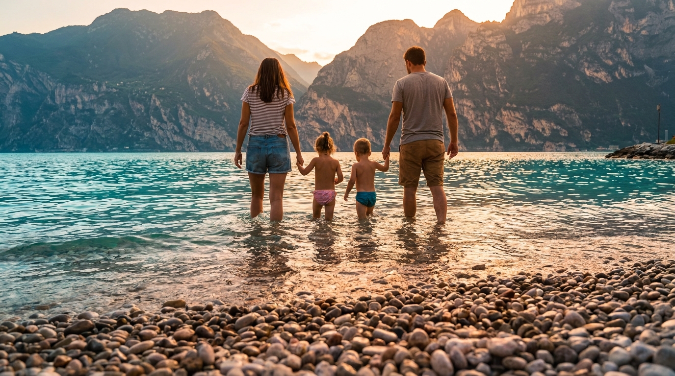 Family wading in the shallow turquoise water at a Lake Garda pebble beach with mountains behind