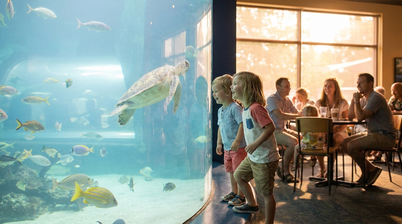 Children pressing faces against the glass of a large tropical tank at Sea Life Aquarium Gardaland
