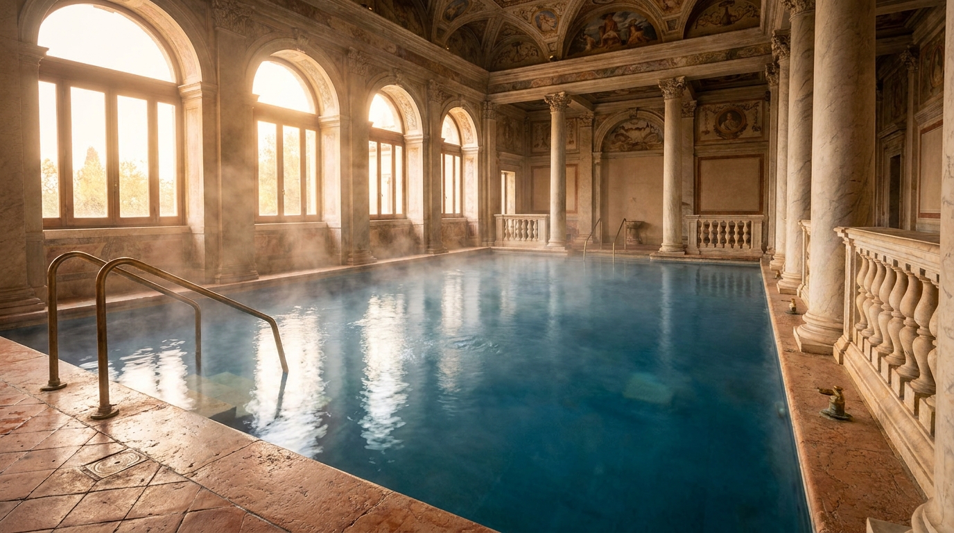 Stone arches and mineral pool at Terme Catullo Sirmione, the historic thermal property