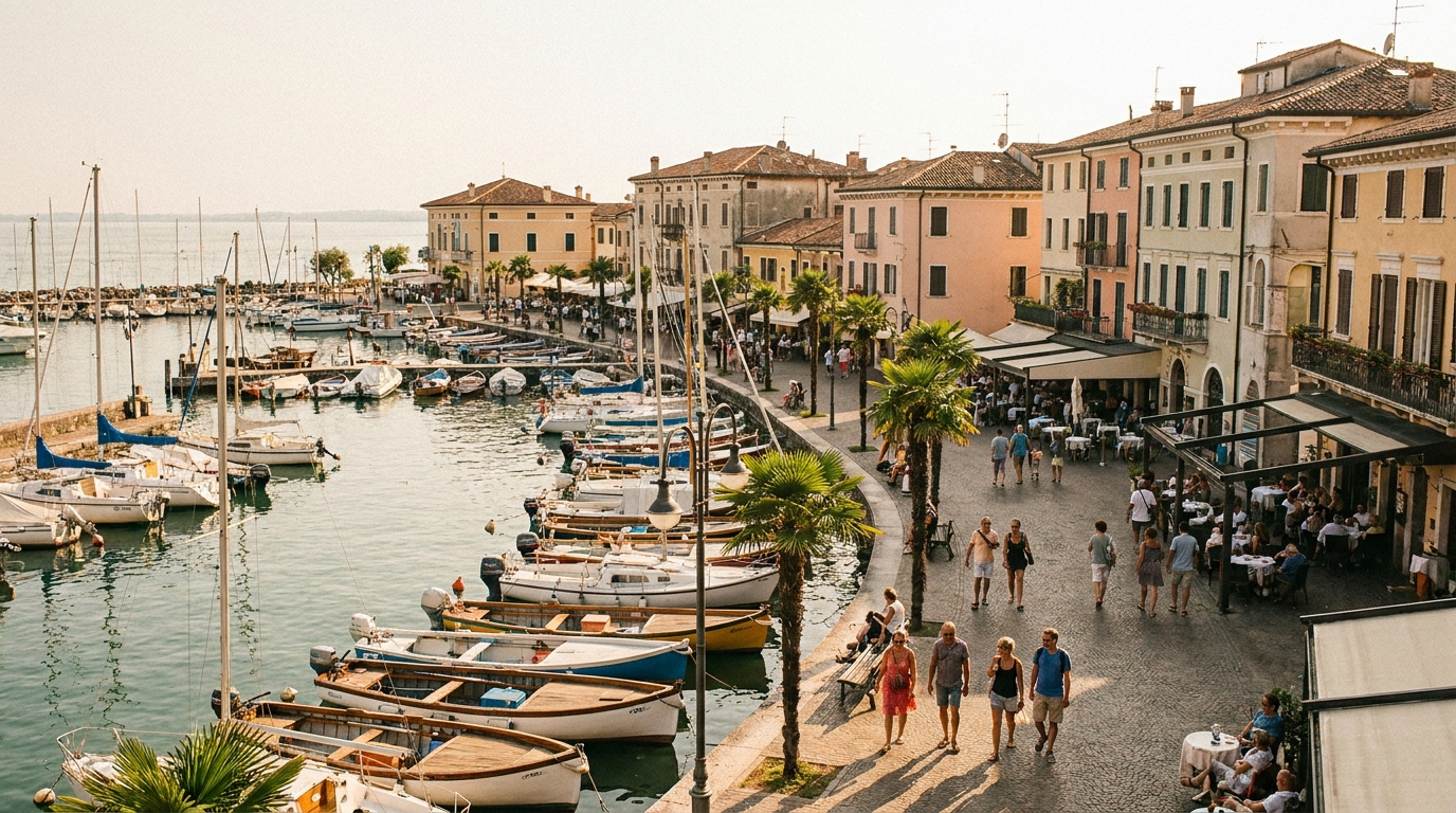 Desenzano del Garda harbour with the old town and the Castello behind the marina