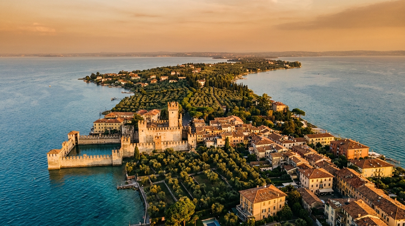 Aerial view of the Sirmione peninsula jutting into Lake Garda with the Scaliger Castle