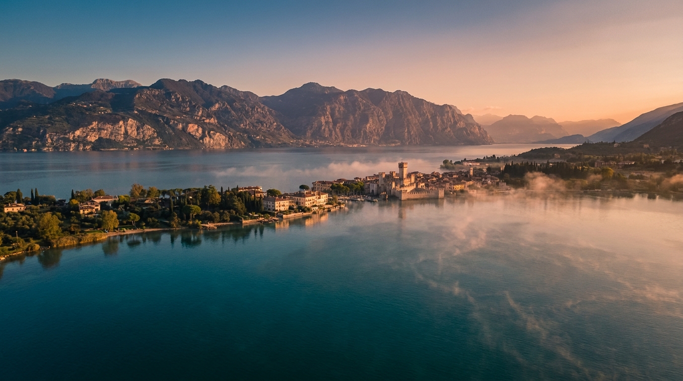 Aerial photograph of Lake Garda at dawn with the Sirmione peninsula