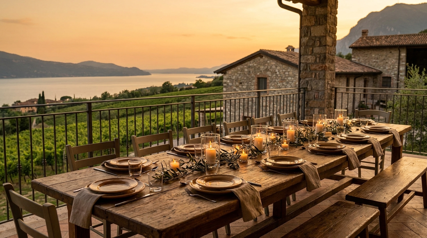 Wine tasting at a long stone table with bottles of Bardolino