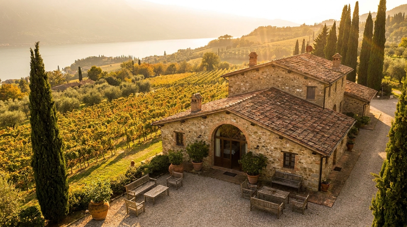 Stone villa among vineyard rows in the Bardolino hills, with Lake Garda visible in the distance