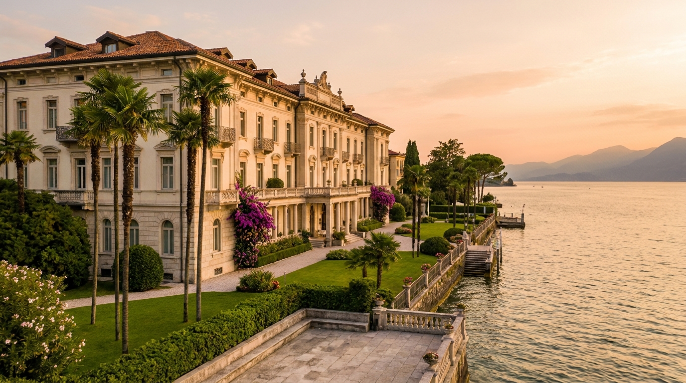 Lakefront facade of the Grand Hotel Terme at dusk, with the Scaliger Castle in the background