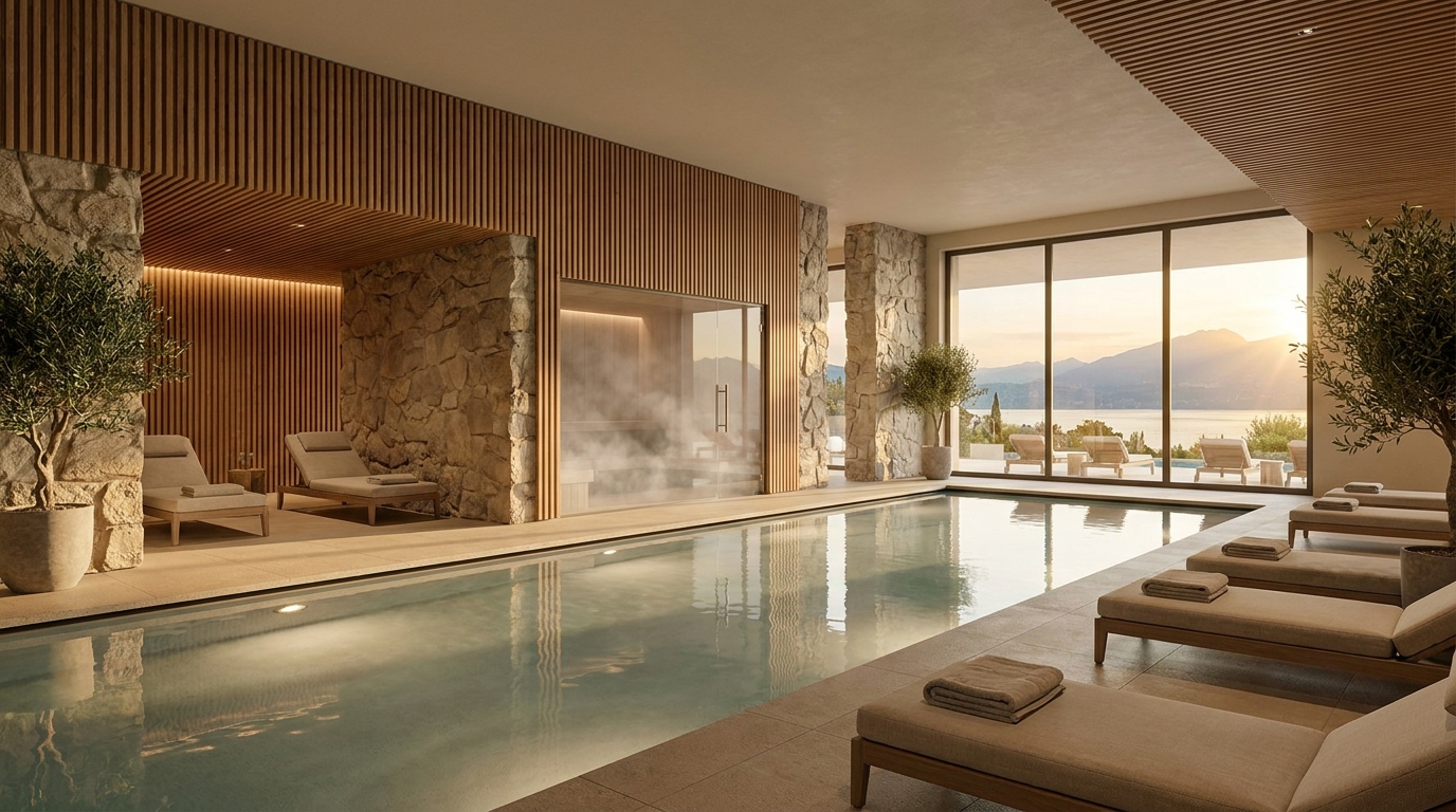 Spa relaxation area with thermal pool and ceiling-to-floor windows facing the lake
