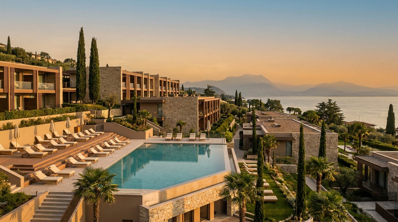 Aerial view of the Hotel Caesius resort with the thermal pool, private beach, and Lake Garda beyond