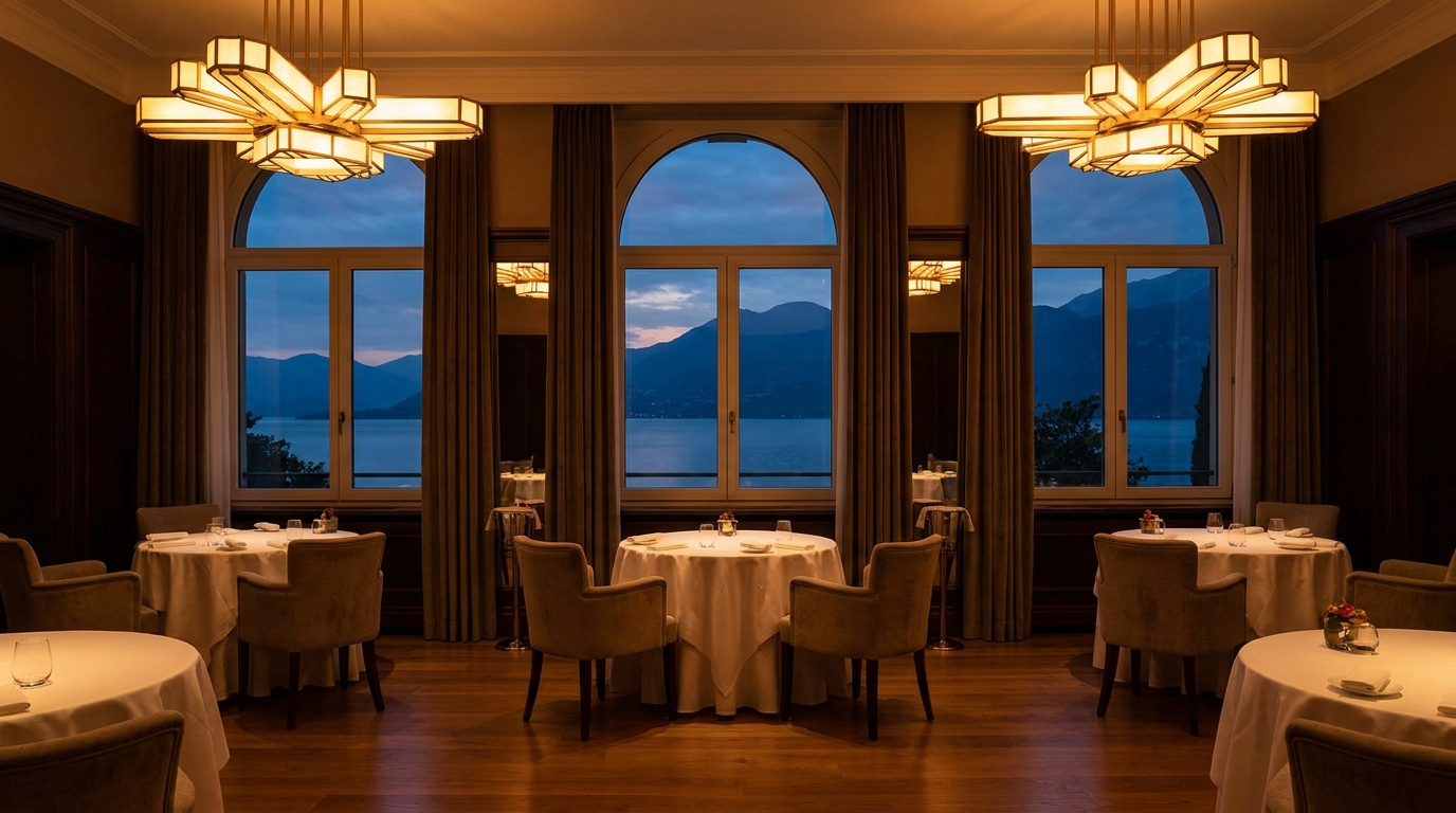 Senso restaurant dining room with views over the lake at dusk