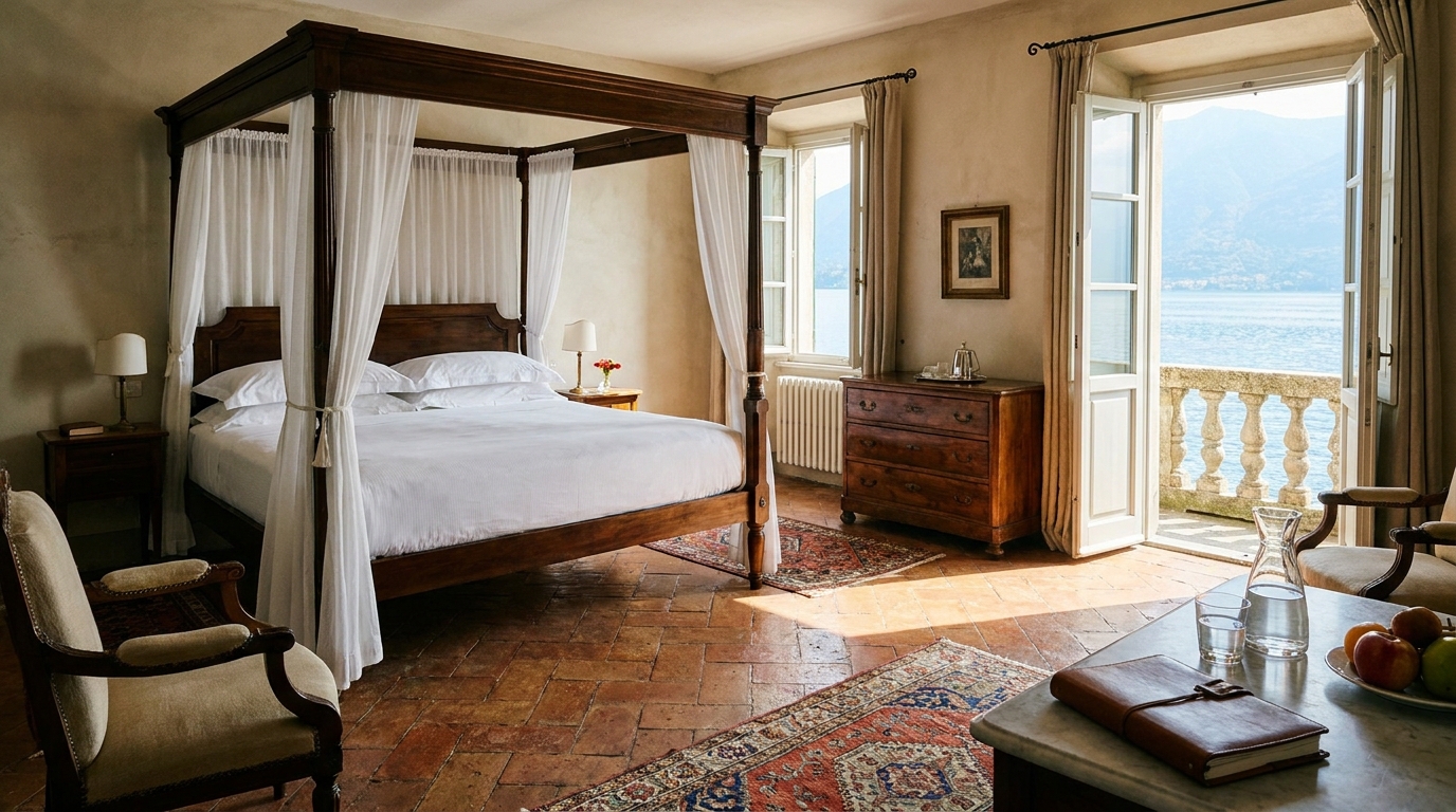 Renaissance-era villa surrounded by cypress trees on a small lake peninsula