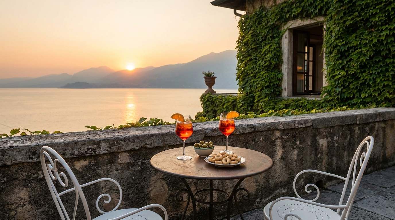 Restaurant terrace under cypress trees overlooking Lake Garda at golden hour