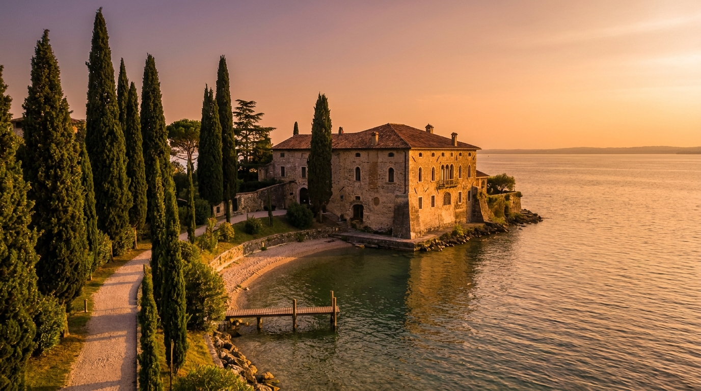 View along the cypress-lined approach to Locanda San Vigilio with the lake on either side