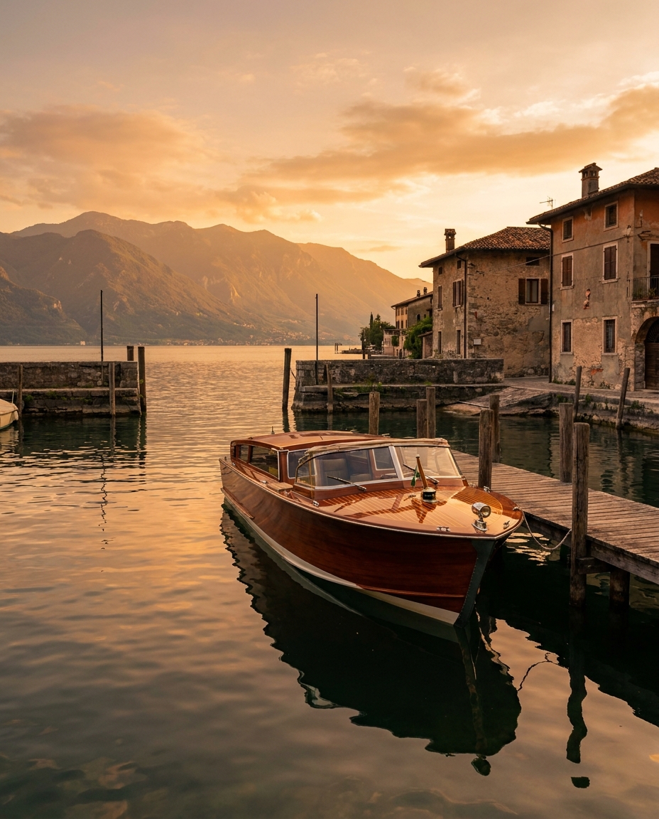 Small open motorboat moored in Sirmione harbour with Scaliger Castle behind