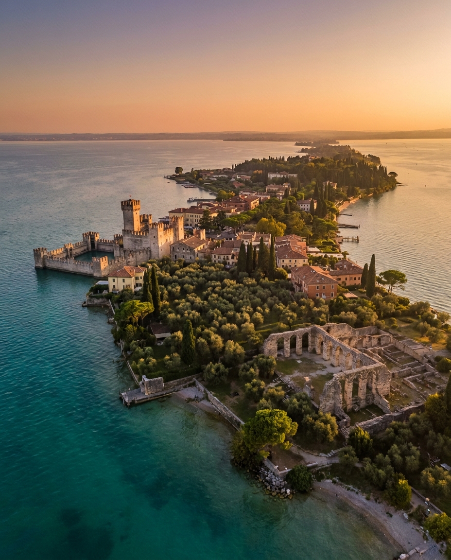 Sirmione peninsula at golden hour with the Scaliger Castle